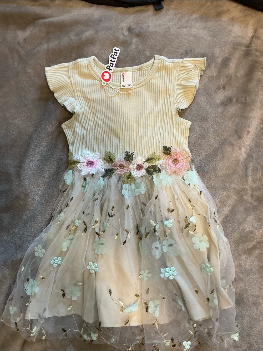 PatPat Cream Dress with Pink & Mint Floral Embroidery